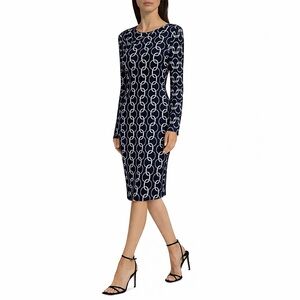 Milly Black & White Chain Pattern Long Sleeve Midi Dress Sz M Old Money Classic